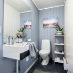 A bathroom with a toilet, sink, and mirror