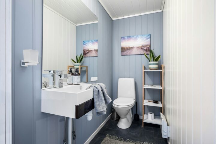 A bathroom with a toilet, sink, and mirror